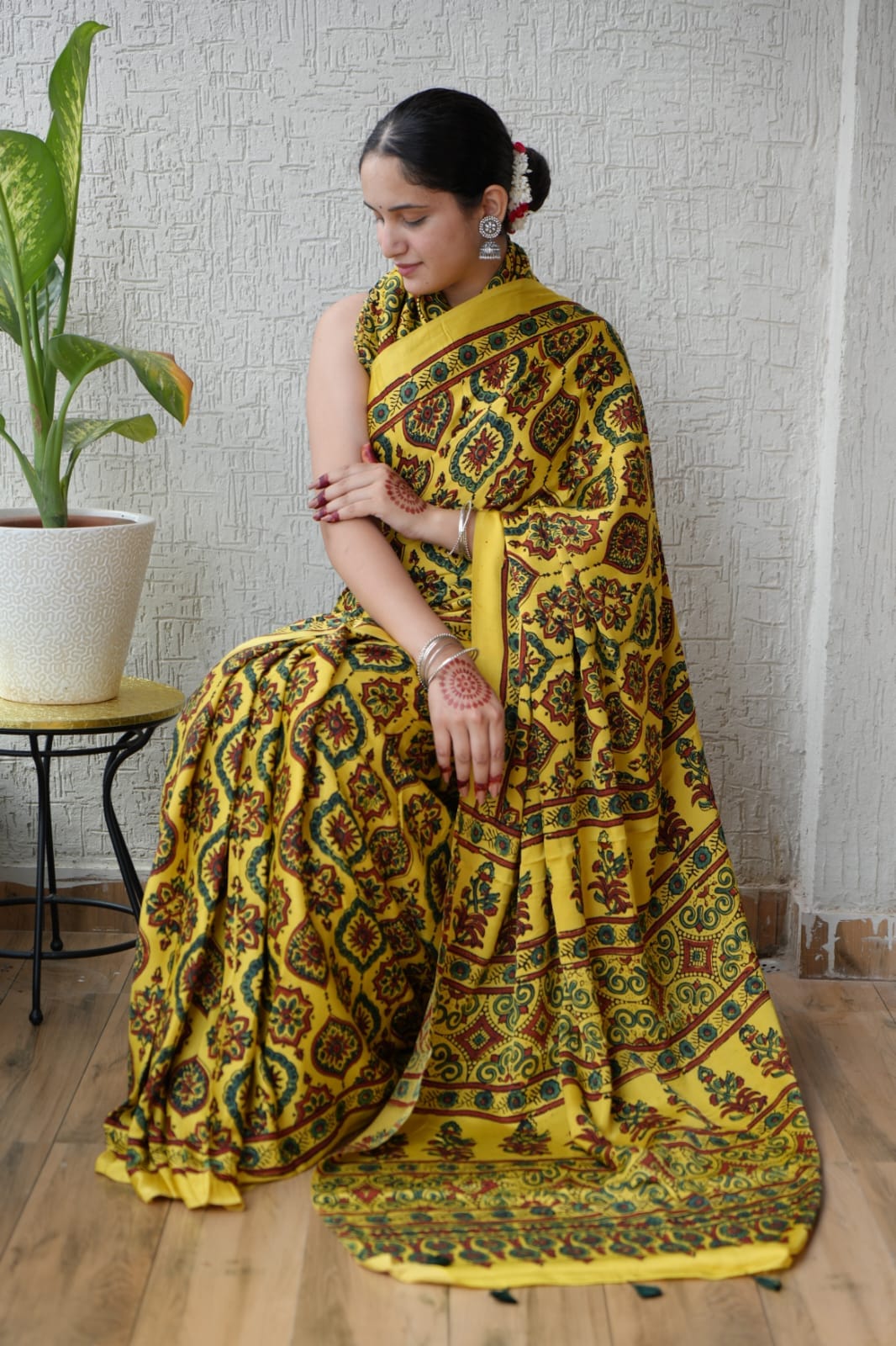 Mustard Ajrakh Print Handblock Saree in Modal Silk Fabric – Crafted by Kutch Artisans India